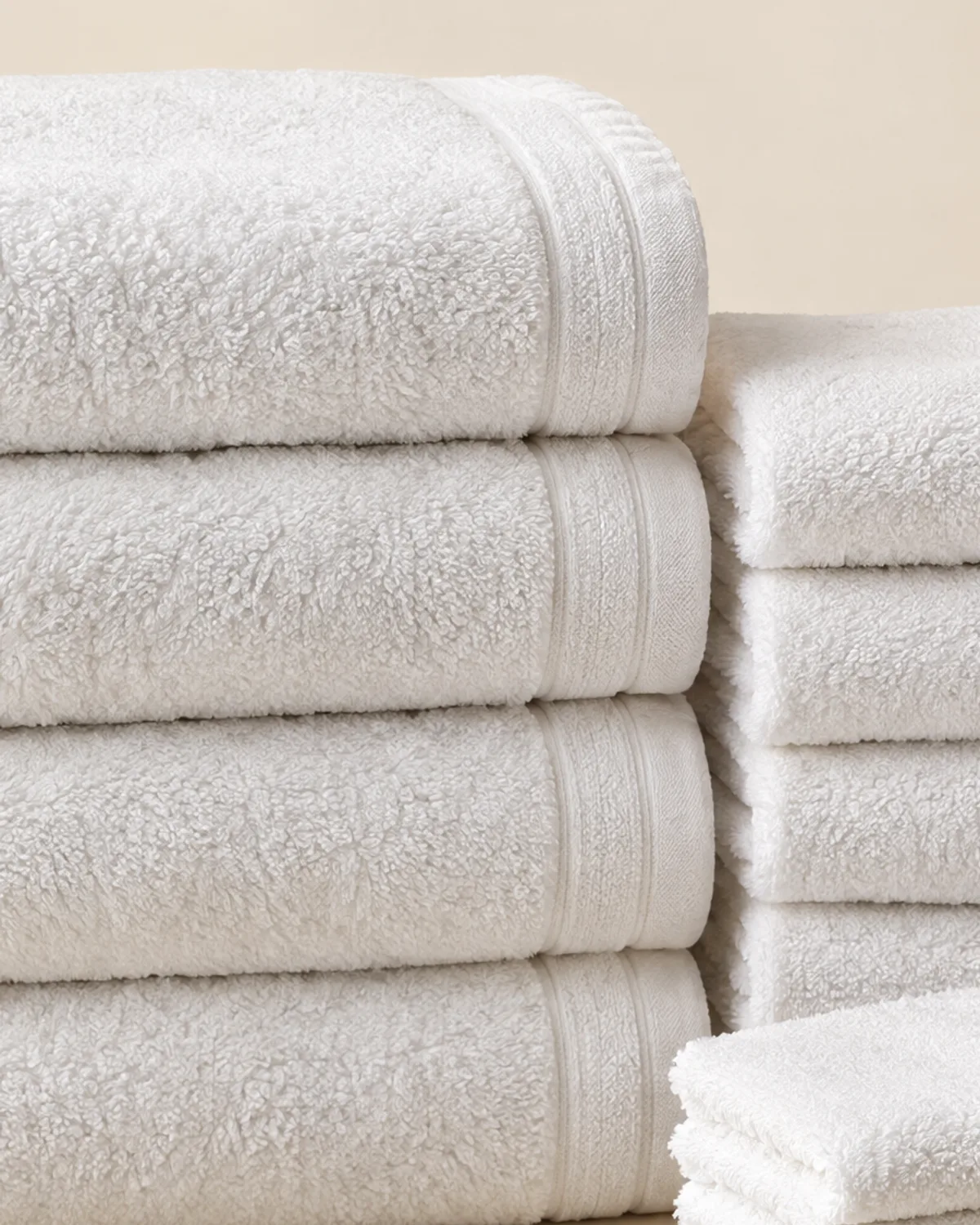 Close-up of stacked white Turkish cotton towels