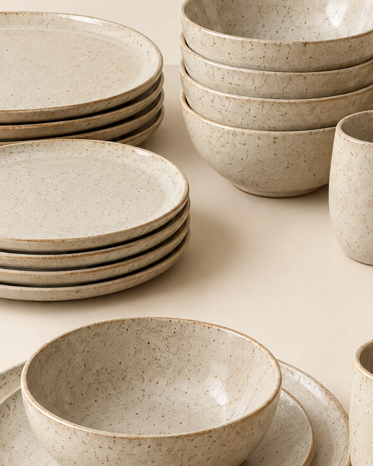 Close-up of speckled stoneware plates and bowls